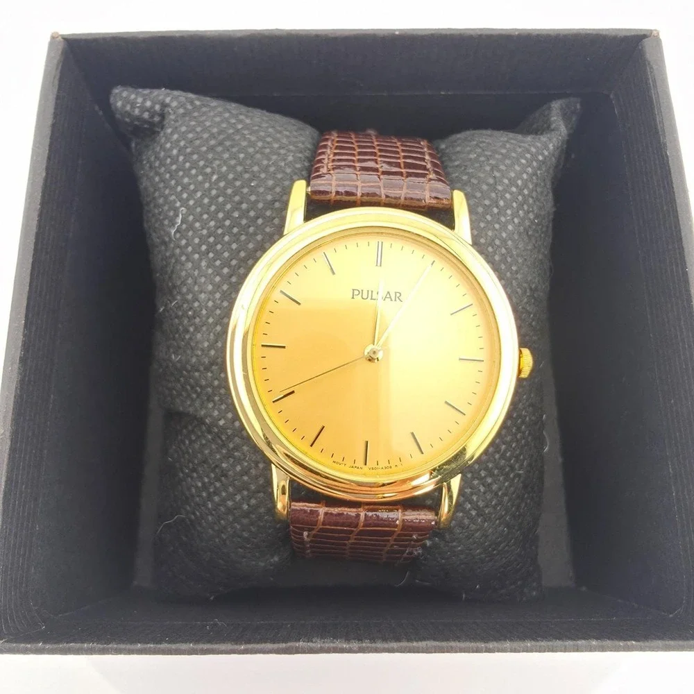 Vintage SEIKO PULSAR Watch 730978 Brown Snake Skin Band Gold Plate 8
